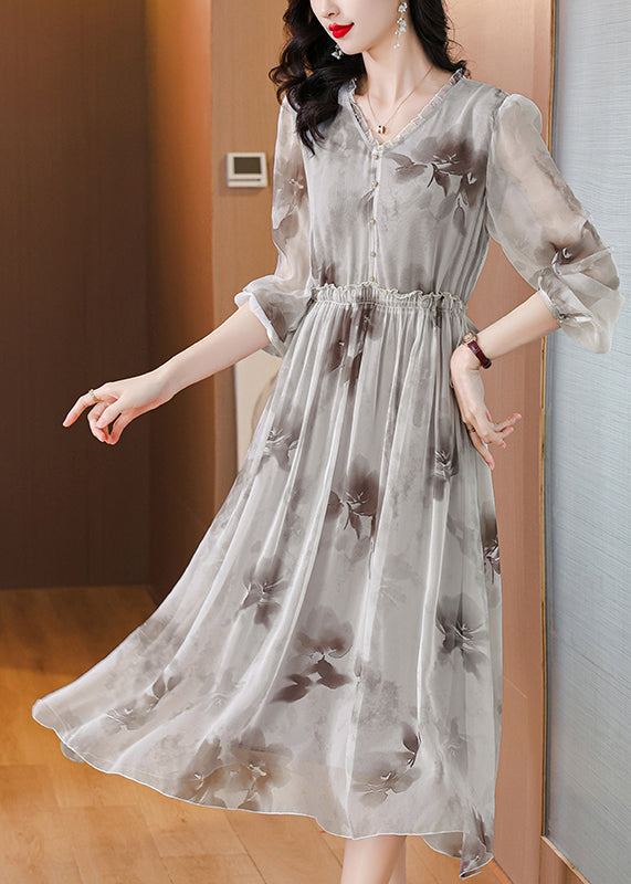 Elegant V Neck Print Ruffled Silk Chiffon Dresses Lantern Sleeve