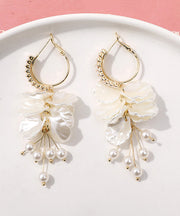 Elegant White Alloy Overgild Zircon Pearl Floral Tassel Drop Earrings