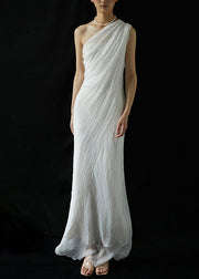 Elegant White One-Shoulder Wrinkled Silk Long Dresses Summer