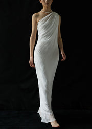 Elegant White One-Shoulder Wrinkled Silk Long Dresses Summer