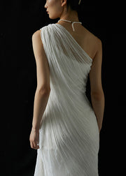 Elegant White One-Shoulder Wrinkled Silk Long Dresses Summer