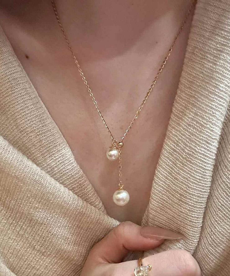 Elegant White Sterling Silver Overgild Pearl Tassel Pendant Necklace