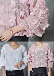 Elegant White V Neck Floral Knit Shirts Spring