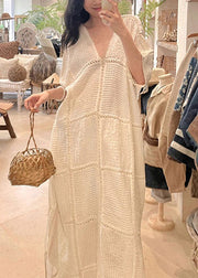 Elegant White V Neck Hollow Out Side Open Knit Dresses Half Sleeve