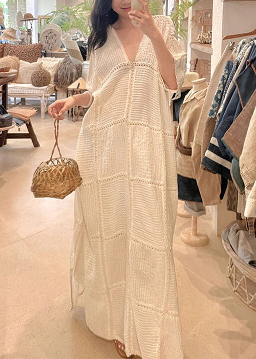 Elegant White V Neck Hollow Out Side Open Knit Dresses Half Sleeve