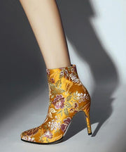 Elegant Yellow Embroidered Zippered Silk Velour High Heel Ankle Boots