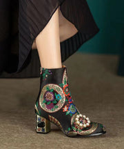 Elegant Yellow Embroidered Zircon Satin Chunky Ankle Boots