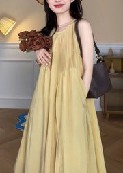 Elegant Yellow O Neck Pockets Cotton Long Dress Sleeveless