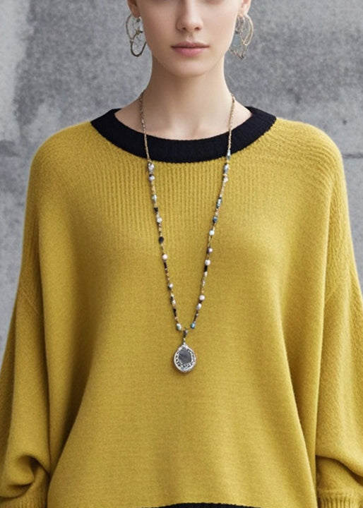 Elegant Yellow Oversized Patchwork Knit Sweaters Fall