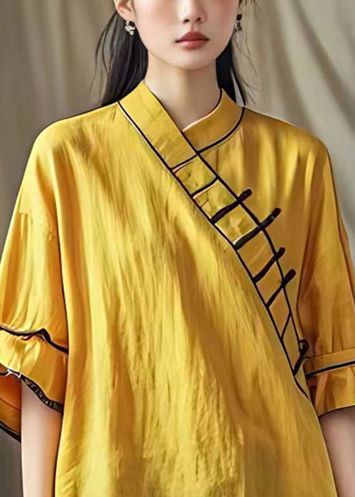 Elegant Yellow V Neck Solid Cotton Blouses Half Sleeve