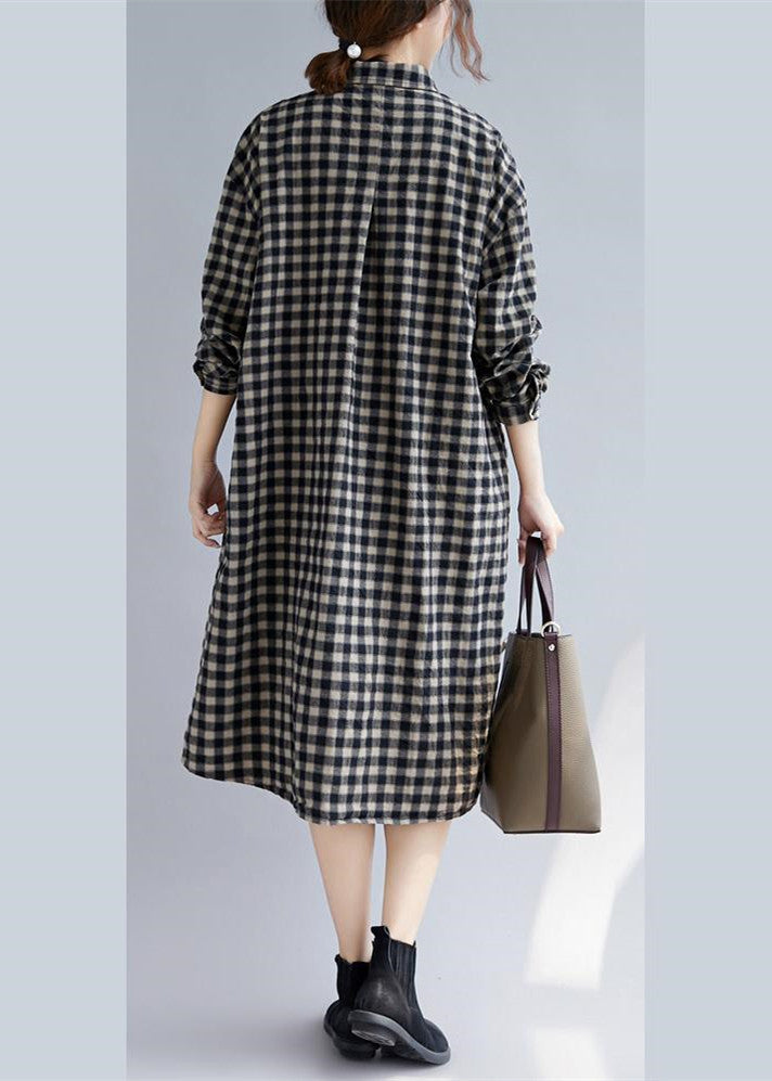 Elegant black Plaid natural cotton shirt dress trendy plus size Turn-down Collar pockets traveling clothing casual long sleeve baggy shirt dresses