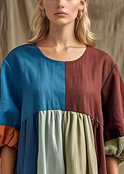 Ethnic Style Colorblock Puff Sleeve Cotton Long Dress