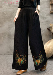 Ethnic Style Embroidered Elastic Waist Wide Leg Pants Spring