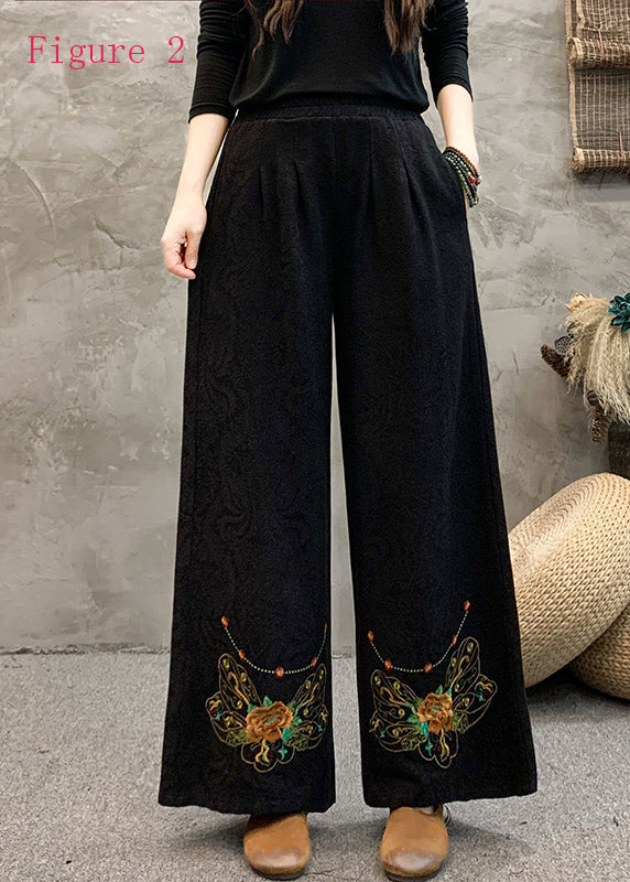 Ethnic Style Embroidered Elastic Waist Wide Leg Pants Spring