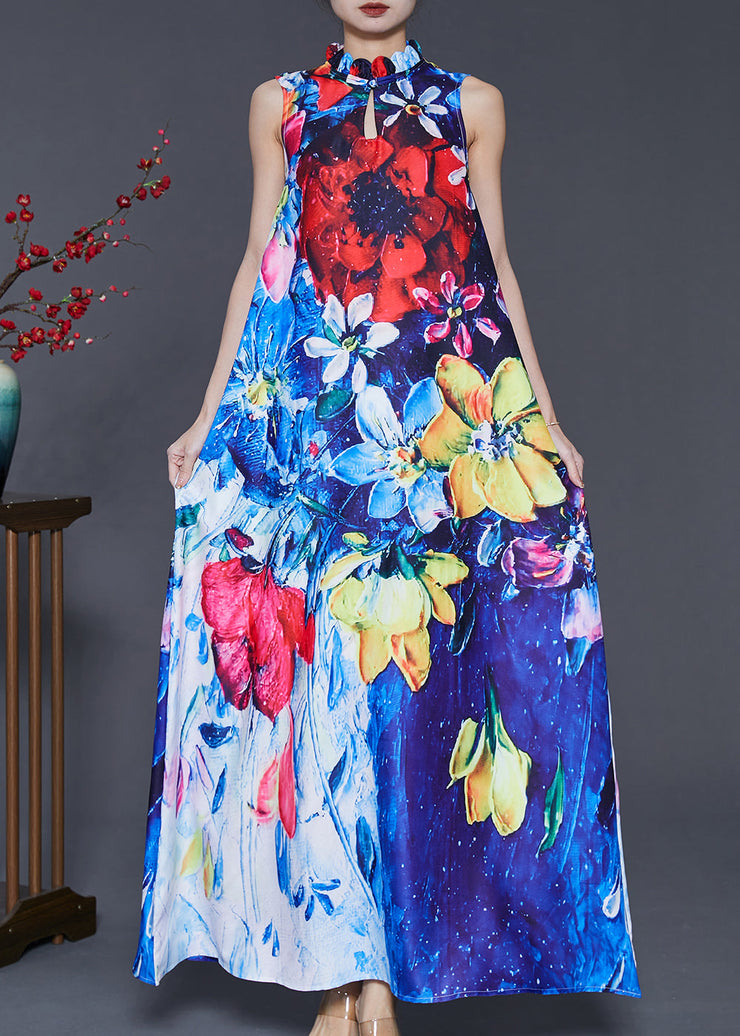 Ethnic Style Peacock Blue Mandarin Collar Print Cotton Dresses Sleeveless