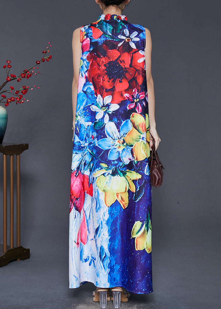 Ethnic Style Peacock Blue Mandarin Collar Print Cotton Dresses Sleeveless