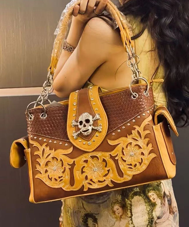 European And American Skulls Embroidery Rivet Satchel Bag Handbag