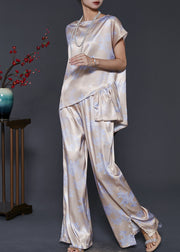 Fashion Apricot Asymmetrical Patchwork Print Draping Silk Two Pieces Set Summer