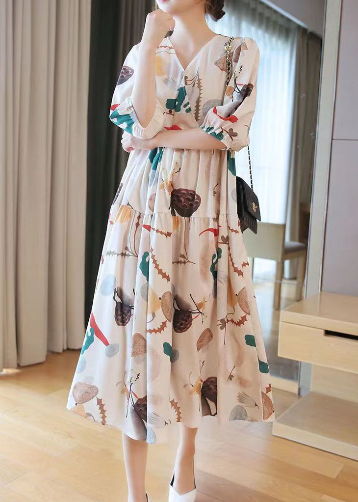 Fashion Apricot V Neck Print Cotton Long Dress Half Sleeve