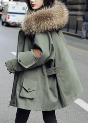 Fashion Army Green Zip Up Fur Collar Duck Down Puffer Parka Jacket Winter