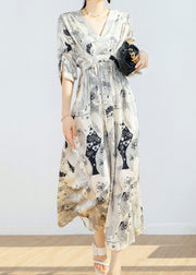 Fashion Beige V Neck Print Tie Waist Chiffon Maxi Dress Short Sleeve