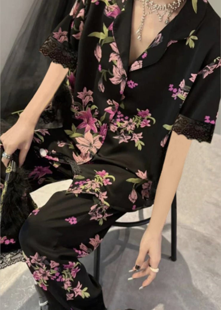 Fashion Black Notched Print Button Ice Silk Two Pieces Set Summer