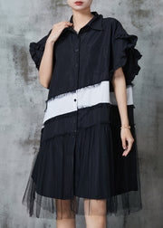 Fashion Black Oversized Patchwork Cotton Dress Petal Sleeve