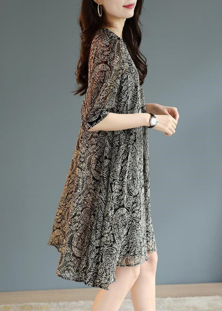 Fashion Black Oversized Print Chiffon Tea Dress Summer