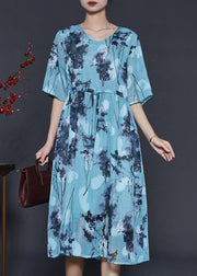 Fashion Blue Cinched Print Chiffon Long Dresses Summer