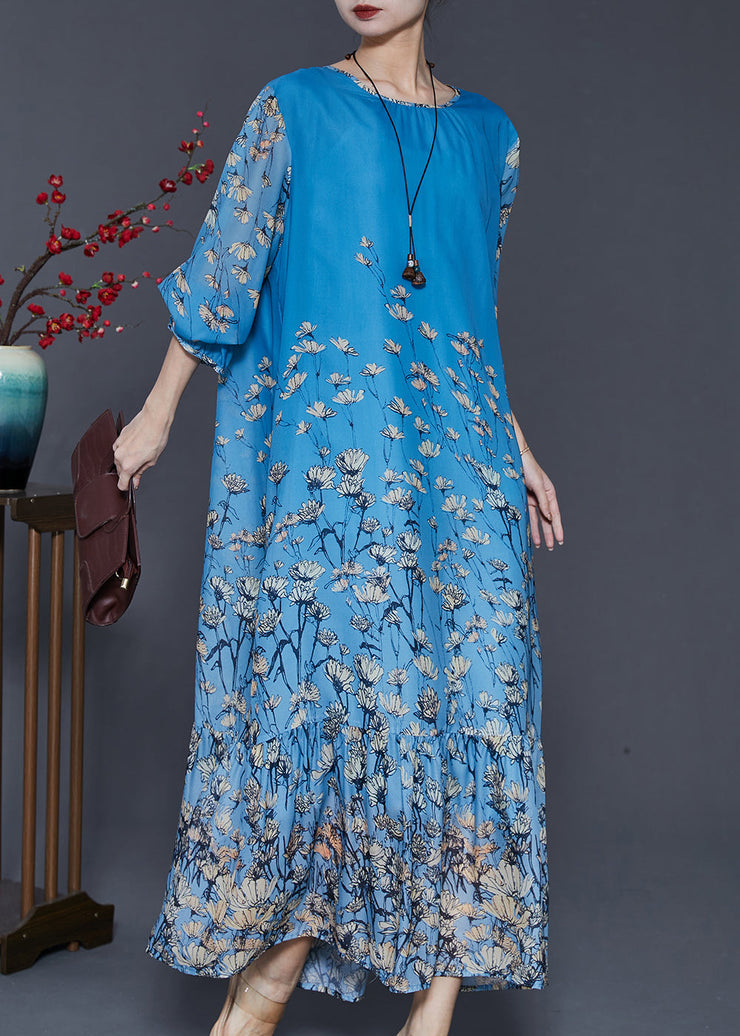 Fashion Blue Oversized Floral Silk Beach Dress Spring