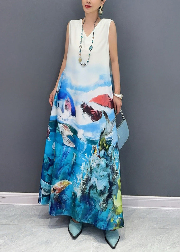 Fashion Blue V Neck Print Long Dress Sleeveless