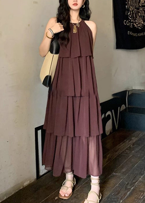 Fashion Coffee O Neck Layered Wrinkled Patchwork Chiffon Dresses Sleeveless