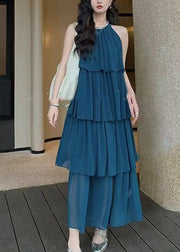 Fashion Coffee O Neck Layered Wrinkled Patchwork Chiffon Dresses Sleeveless