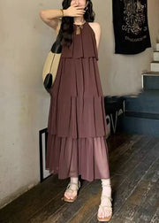 Fashion Coffee O Neck Layered Wrinkled Patchwork Chiffon Dresses Sleeveless