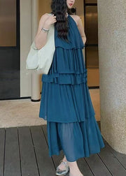 Fashion Coffee O Neck Layered Wrinkled Patchwork Chiffon Dresses Sleeveless