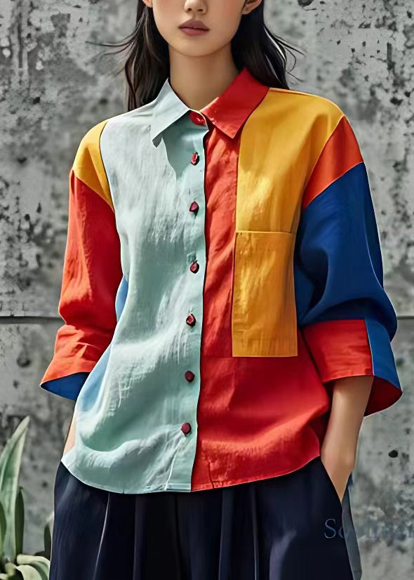 Fashion Colorblock Peter Pan Collar Button Shirts Fall