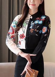 Fashion Colorblock Stand Collar Print Button Chiffon Shirts Long Sleeve