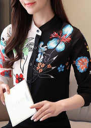 Fashion Colorblock Stand Collar Print Button Chiffon Shirts Long Sleeve