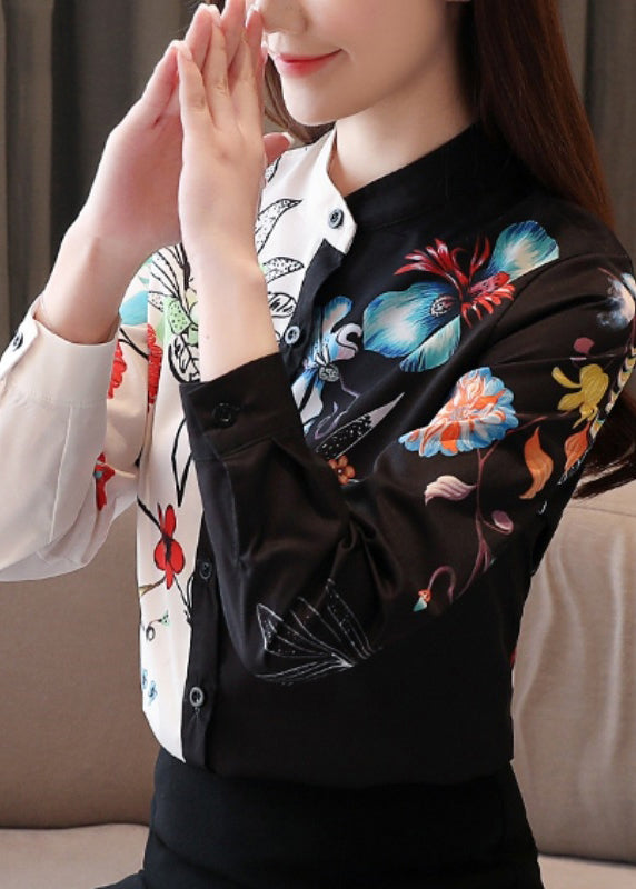 Fashion Colorblock Stand Collar Print Button Chiffon Shirts Long Sleeve