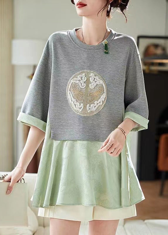 Fashion Green False Two Pieces Print Patchwork Cotton Top Summer