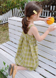 Fashion Green Square Collar Plaid Patchwork Button Girls Long Dress Sleeveless