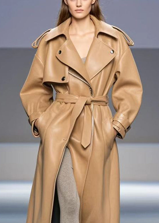 Fashion Khaki Oversized Faux Leather Trench Coats Fall