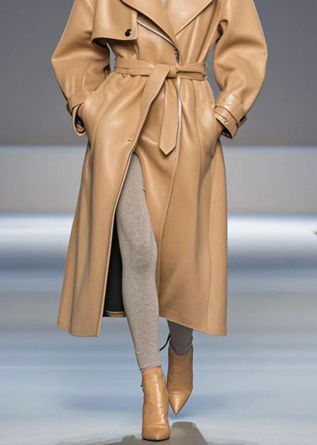 Fashion Khaki Oversized Faux Leather Trench Coats Fall