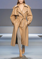 Fashion Khaki Oversized Faux Leather Trench Coats Fall