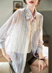 Fashion Orange Peter Pan Collar Nail Bead Zircon Chiffon Shirts Fall