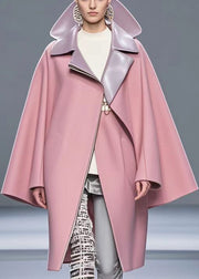 Fashion Pink Peter Pan Collar Zippered Woolen Trench Fall