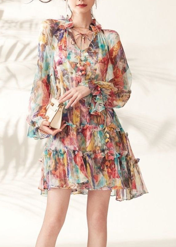 Fashion Rainbow Print Ruffled Lace Tie Mid Dresses Spring