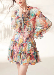 Fashion Rainbow Print Ruffled Lace Tie Mid Dresses Spring