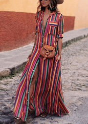 Fashion Rainbow Striped Button Tie Waist Maxi Shirts Dresses Summer