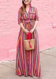 Fashion Rainbow Striped Button Tie Waist Maxi Shirts Dresses Summer